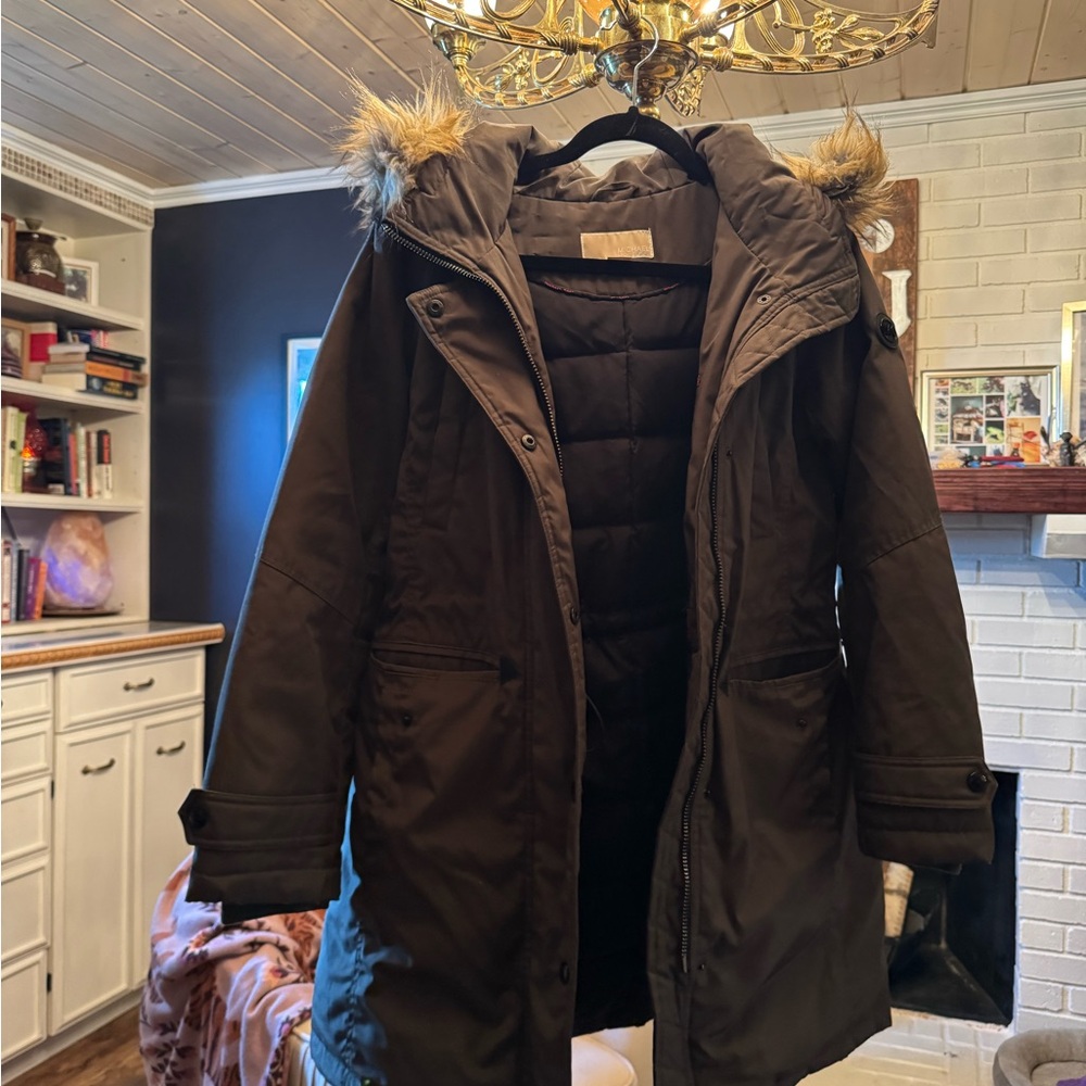 Michael Kors Dark Brown Puffer Coat with Fur Hood
